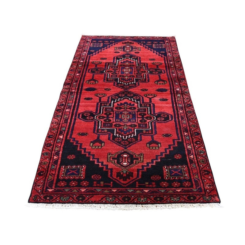 Shahbanu Rugs Vintage Bohemian Red Persian Hamadan Pure Wool Runner Hand-Knotted Rug (3'2" x 7'0") - 3'2" x 7'0"