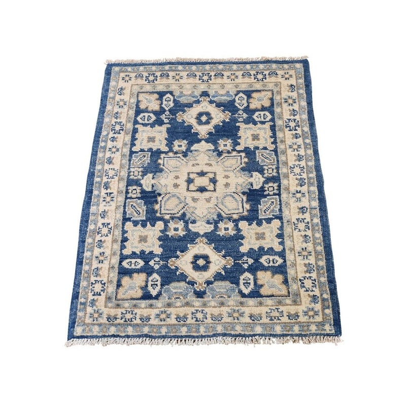 Shahbanu Rugs Vintage Look Kazak Pure Wool Denim Blue Hand-Knotted Oriental Rug (2'0" x 2'9") - 2'0" x 2'9"
