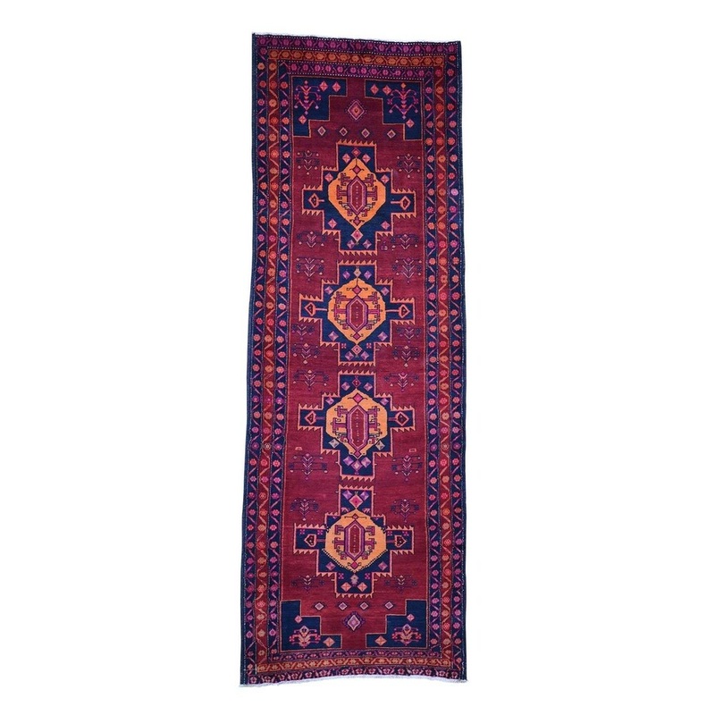Shahbanu Rugs Vintage Persian Hamadan Wide Runner Pure Wool Hand-Knotted Rug (4'2" x 12'0") - 4'2" x 12'0"