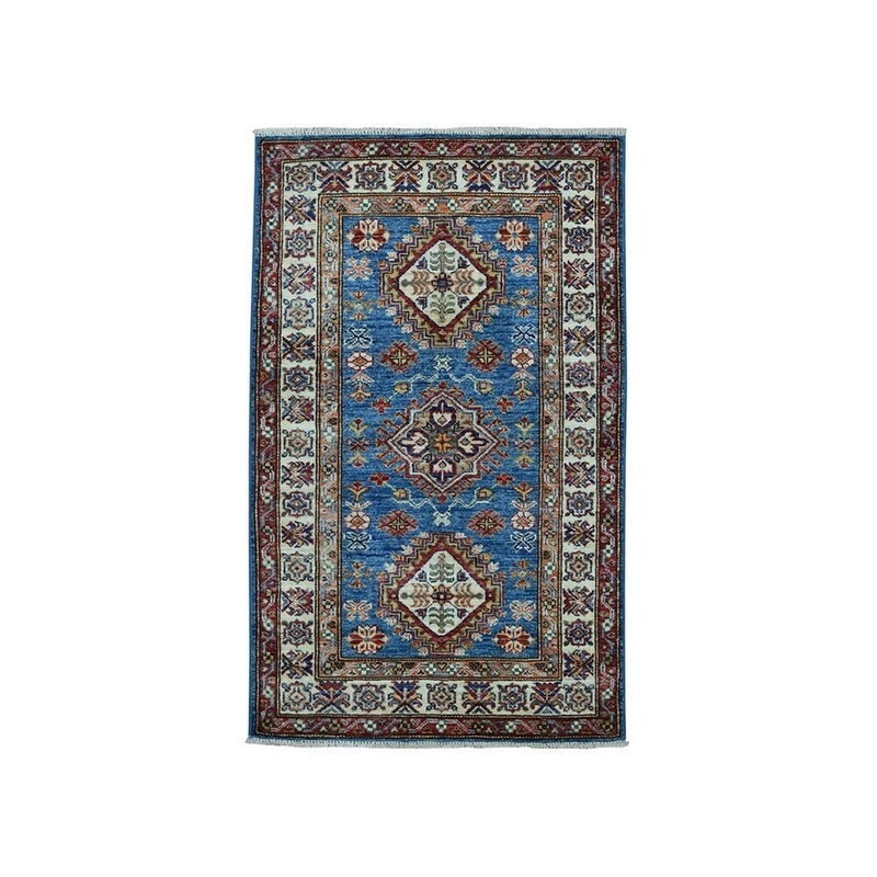 Shahbanu Rugs Blue Super Kazak Pure Wool Geometric Design Hand-Knotted Oriental Rug (2'7" x 4'0") - 2'7" x 4'0"