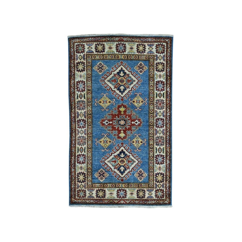 Shahbanu Rugs Blue Super Kazak Pure Wool Geometric Design Hand-Knotted Oriental Rug (2'9" x 4'5") - 2'9" x 4'5" - 2'9" x 4'5"