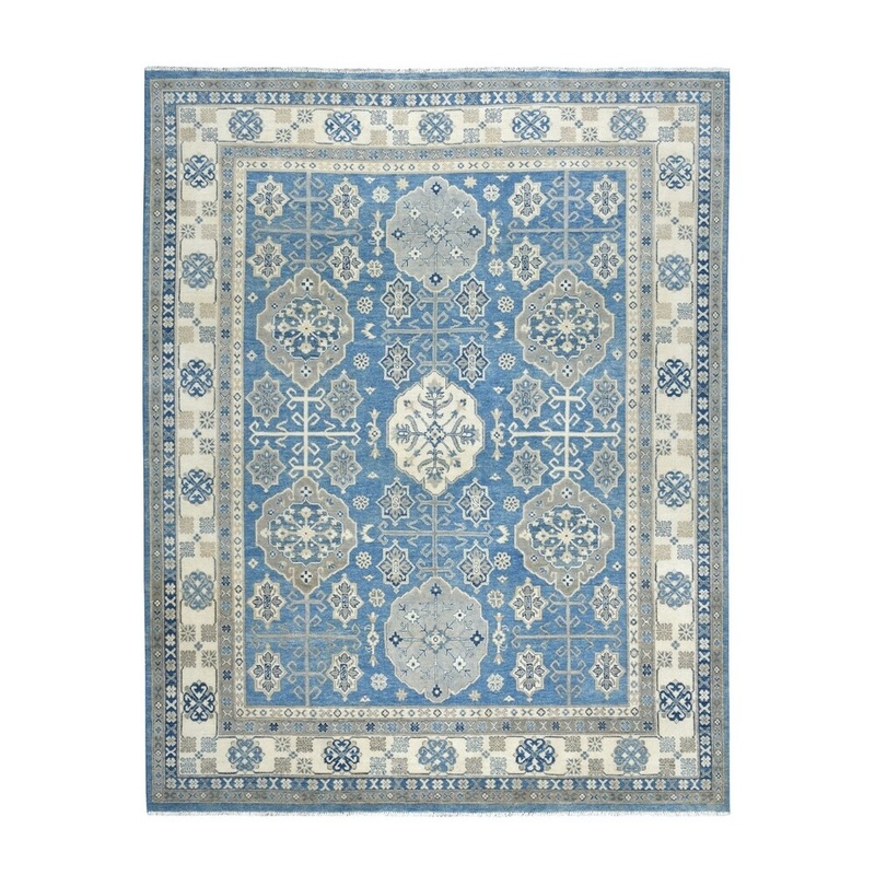 Shahbanu Rugs Blue Vintage Look Kazak Geometric Design Pure Wool Hand Knotted Oriental Rug (8'0" x 9'7") - 8'0" x 9'7"