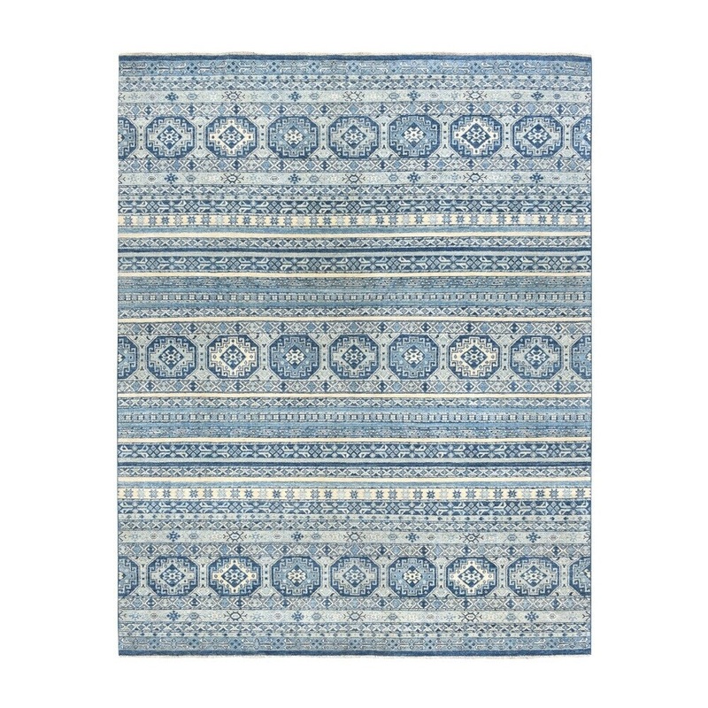 Shahbanu Rugs Blue Vintage Look Kazak Khorjin Design Pure Wool Hand-Knotted Rug (8'1" x 9'9") - 8'1" x 9'9"