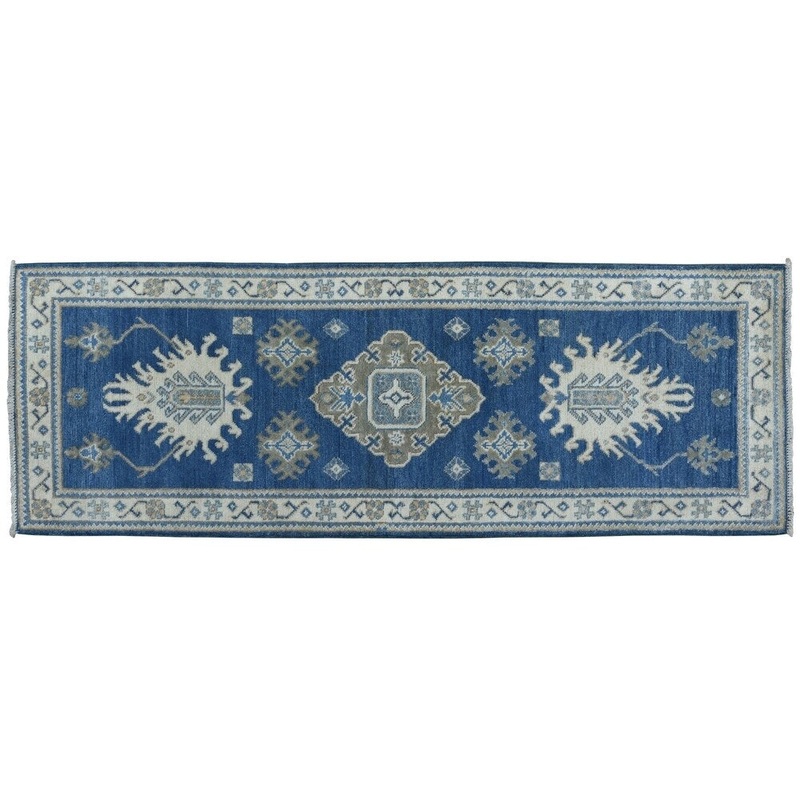 Shahbanu Rugs Blue Vintage Look Kazak Pure Wool Hand-Knotted Runner Oriental Rug (2'0" x 5'8") - 2'0" x 5'8"