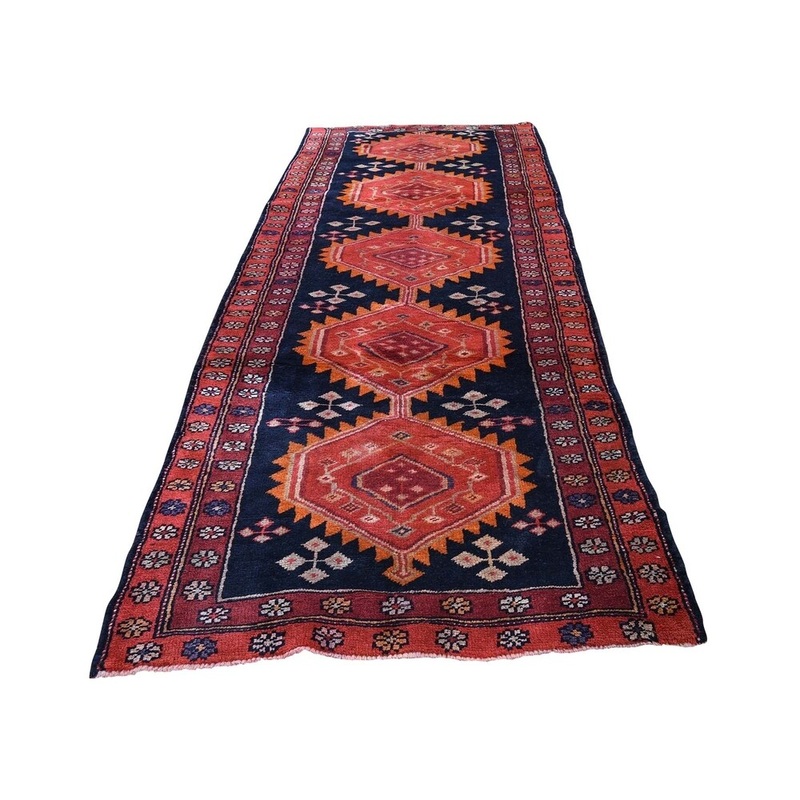 Shahbanu Rugs Blue Vintage North West Persian Bohemian Wide Runner Pure Wool Rug (3'7" x 10'0") - 3'7" x 10'0"
