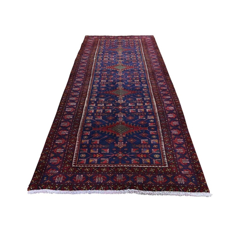 Shahbanu Rugs Blue Vintage Persian Heriz Mint Cond. Pure Wool Handmade Runner Rug (3'6" x 10'6") - 3'6" x 10'6"
