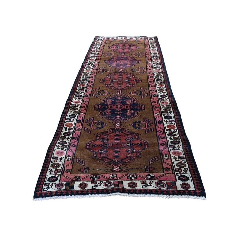 Shahbanu Rugs Brown Vintage persian Camel Hair Serab Pure Wool Hand-Knotted Rug (3'6" x 10'7") - 3'6" x 10'7"