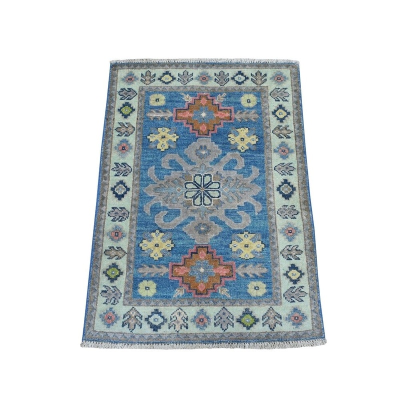 Shahbanu Rugs Colorful Blue Fusion Kazak Pure Wool Hand Knotted Oriental Rug (2'1" x 2'9") - 2'1" x 2'9"
