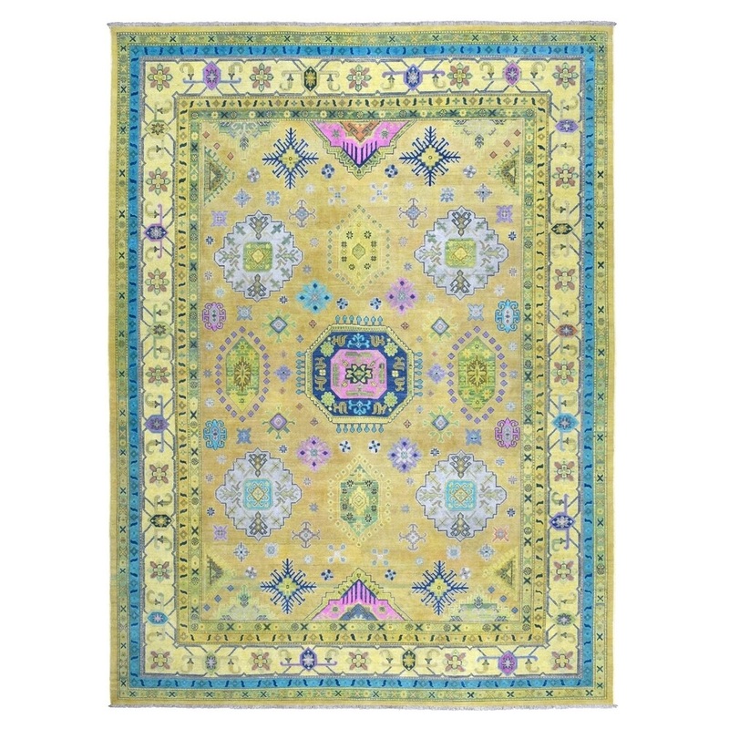 Shahbanu Rugs Colorful Yellow Fusion Kazak Pure Wool Hand-Knotted Oriental Rug (9'0" x 11'9") - 9'0" x 11'9"