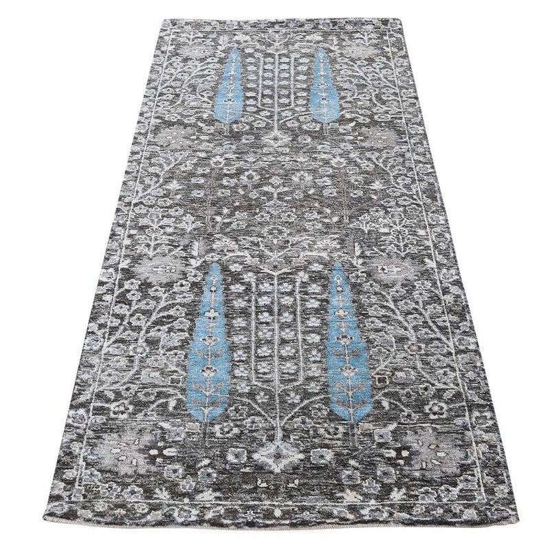 Shahbanu Rugs Cypress Tree Design Silk With Oxidized Wool hand-Knotted Runner Rug (2'5" x 6'2") - 2'5" x 6'2"