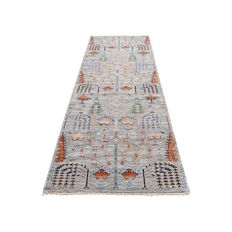 Shahbanu Rugs Gray Peshawar Willow And Cypress Tree Design Hand-Knotted Oriental Run (2'7" x 10'0") - 2'7" x 10'0"