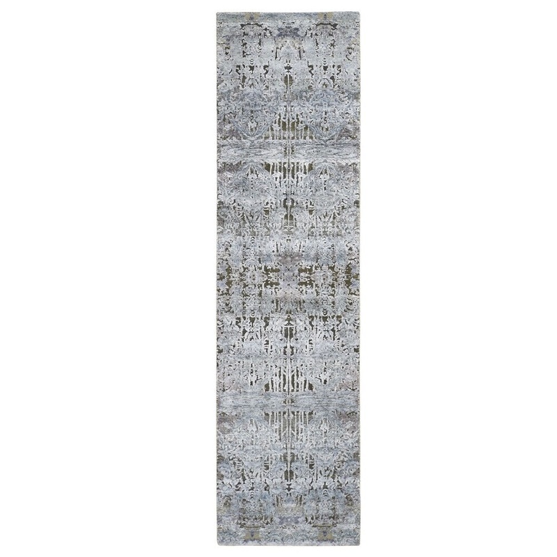 Shahbanu Rugs Gray Silk with Textured Wool Hand Knotted Modern Runner Oriental Rug (2'6" x 10'0") - 2'6" x 10'0"