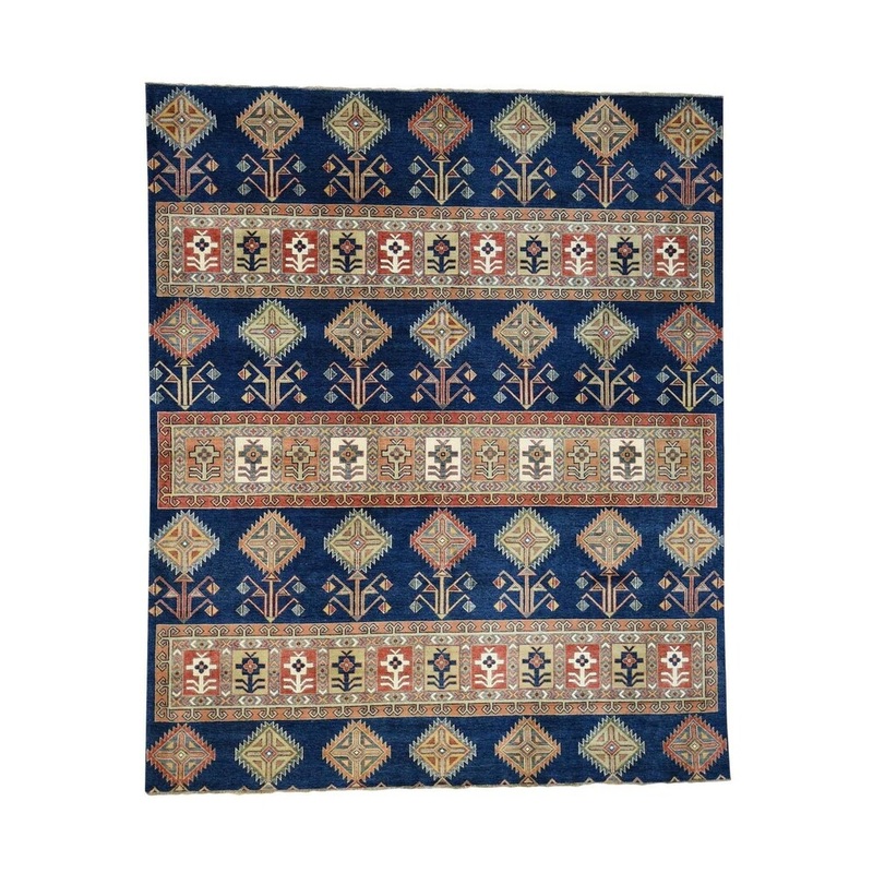 Shahbanu Rugs Hand-Knotted Navy Blue Special Kazak Southwestern Design Rug (8'3" x 9'9") - 8'3" x 9'9"