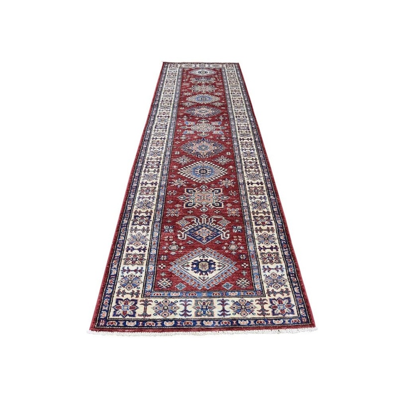 Shahbanu Rugs Hand-Knotted Red Runner Tribal Design Pure Wool Super Kazak Rug (2'9" x 10'6") - 2'9" x 10'6"