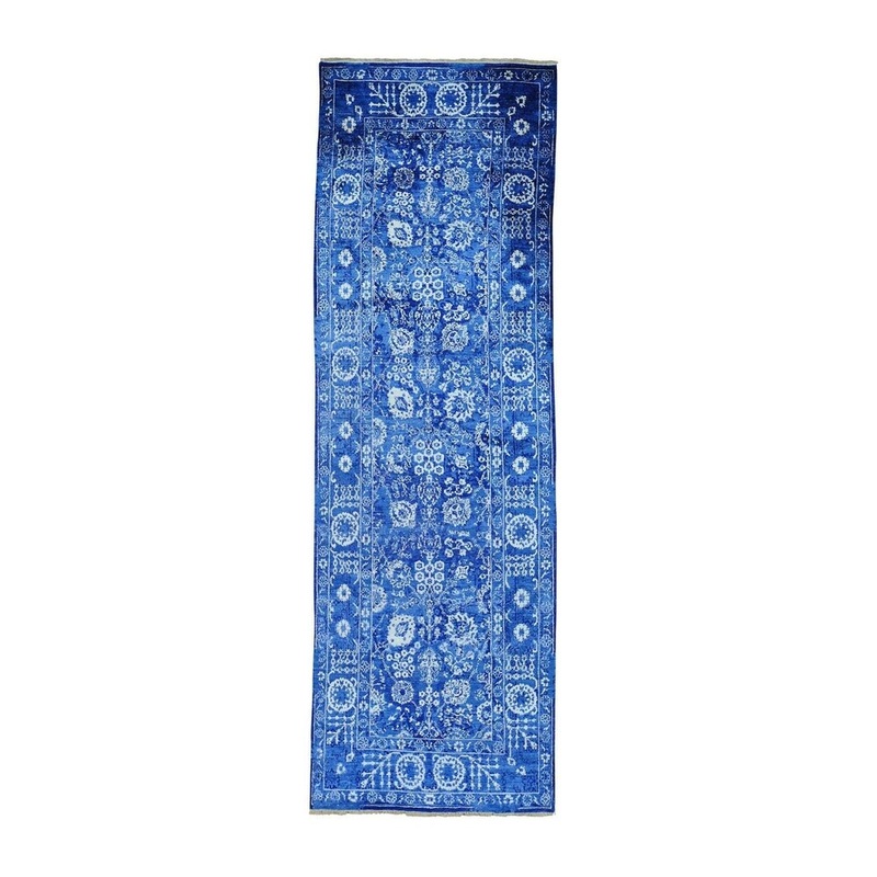 Shahbanu Rugs Hand-Knotted Tone on Tone Tabriz Wool And Silk Wide Runner Rug (4'0" x 10'1") - 4'0" x 10'1"