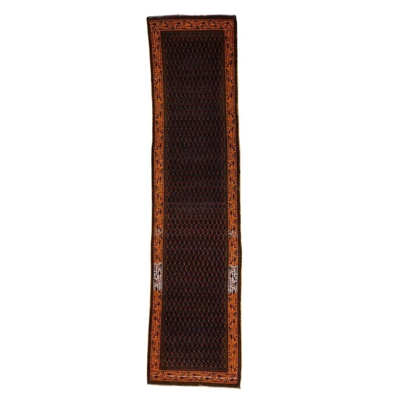 Shahbanu Rugs Hand-Knotted Vintage Overdyed Persian Sarouk Mir Wide Runner Rug (3'4" x 12'10") - 3'4" x 12'10"