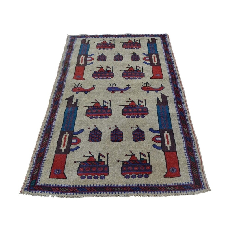 Shahbanu Rugs Handmade Beige Afghan Baluch War Tanks Grenades Rug (2'10" x 4'7") - 2'10" x 4'7"