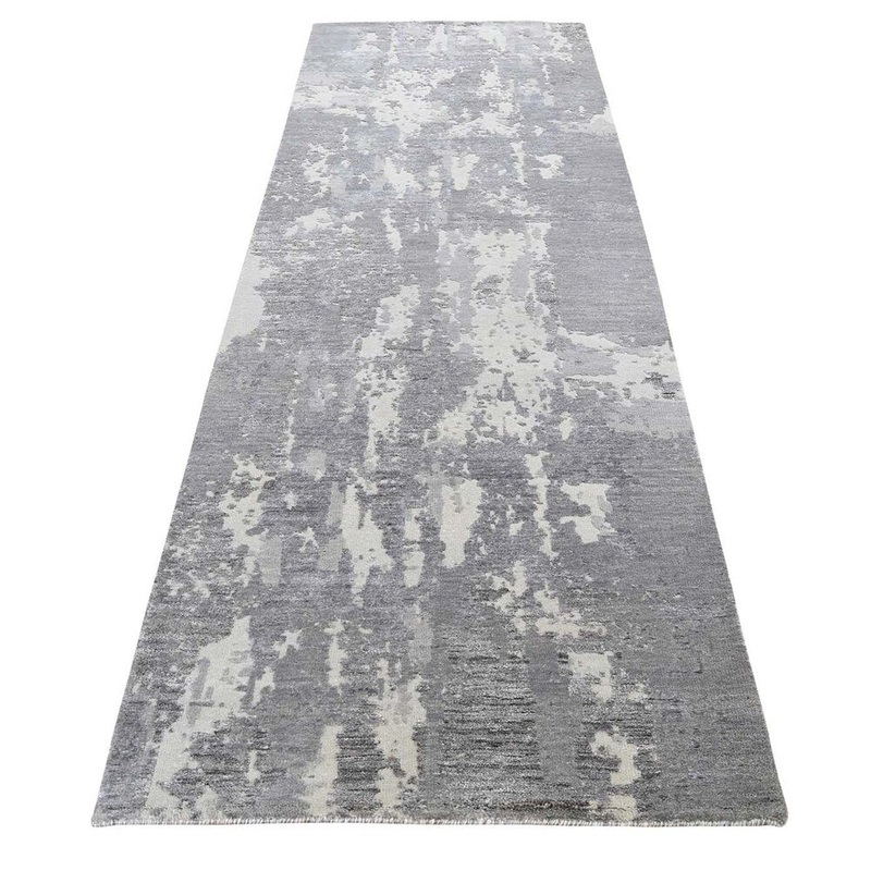 Shahbanu Rugs Hi-Low Pile Abstract Design Wool And Silk Hand-Knotted Oriental Rug (2'9" x 9'7") - 2'9" x 9'7"