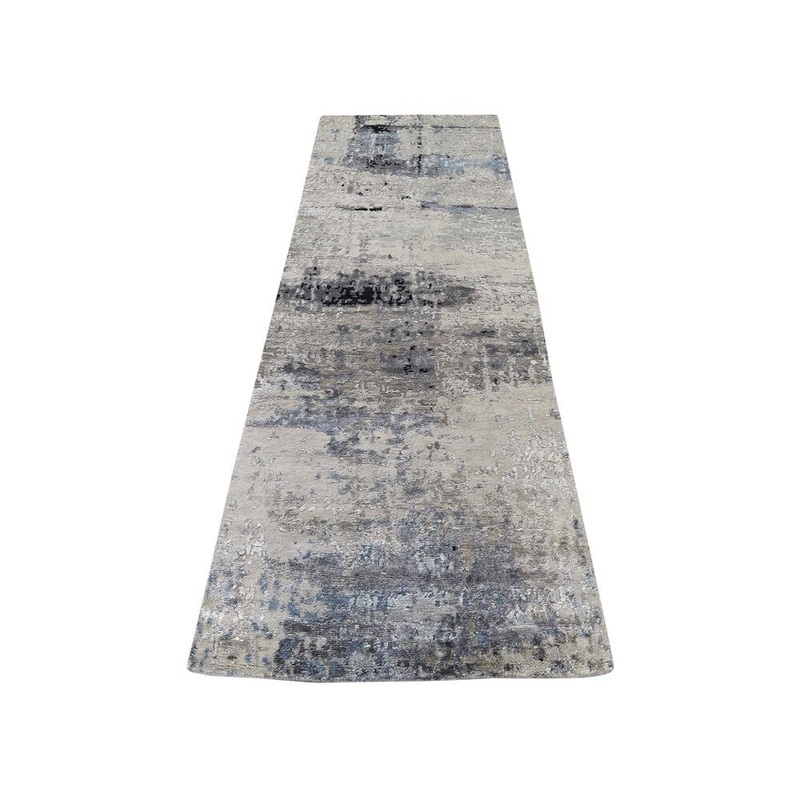 Shahbanu Rugs Hi-Low Pile Abstract Design Wool And Silk Runner Hand-Knotted Rug (2'7" x 9'10") - 2'7" x 9'10"