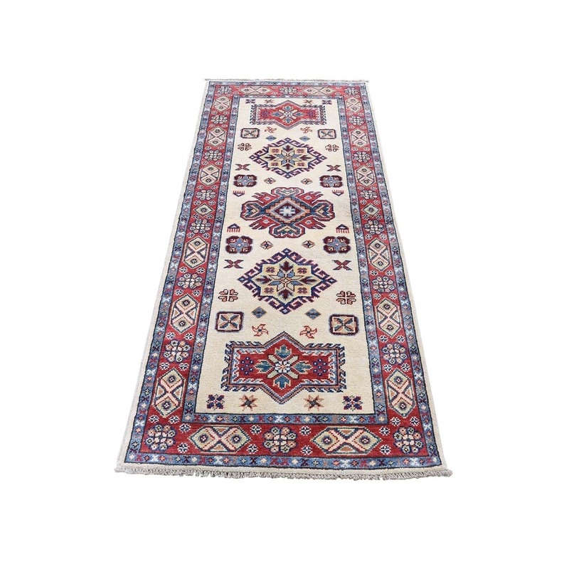 Shahbanu Rugs Ivory Special Kazak Pure Wool Runner Hand-Knotted Geometric Design Rug (2'2" x 5'10") - 2'2" x 5'10"