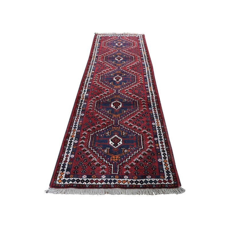 Shahbanu Rugs Red New persian Shiraz Pure Wool Narrow Runner Hand-Knotted Rug (2'7" x 9'3") - 2'7" x 9'3"