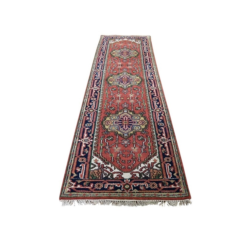 Shahbanu Rugs Red Serapi Heriz Geometric Runner Hand-Knotted Oriental Rug (2'6" x 10'0") - 2'6" x 10'0"