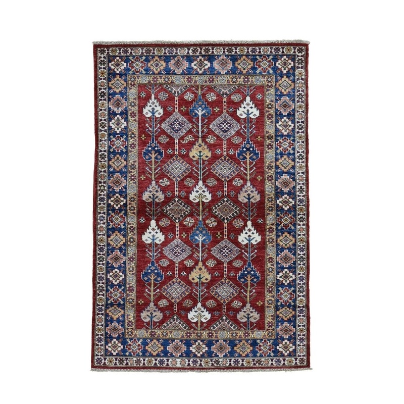 Shahbanu Rugs Red Super Kazak All Over Design Hand Knotted Pure Wool Oriental Rug (4'1" x 6'2") - 4'1" x 6'2"
