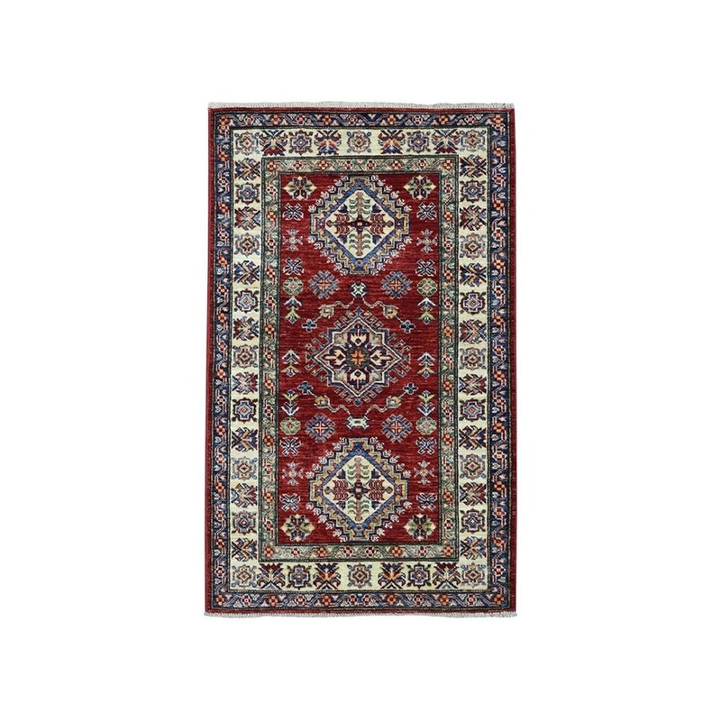 Shahbanu Rugs Red Super Kazak Pure Wool Geometric Design Hand-Knotted Oriental Rug (2'6" x 4'2") - 2'6" x 4'2"
