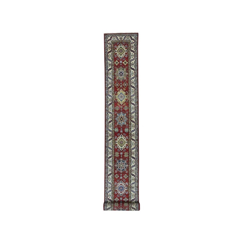 Shahbanu Rugs Red Super Kazak Pure Wool Geometric Design Hand-Knotted XL Runner Rug (2'6" x 19'8") - 2'6" x 19'8"