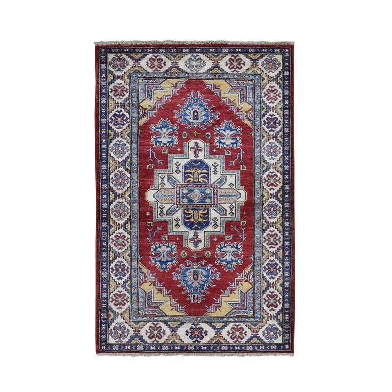 Shahbanu Rugs Red Super Kazak with Heriz Design Pure Wool Hand Knotted Oriental Rug (3'4" x 5'2") - 3'4" x 5'2"