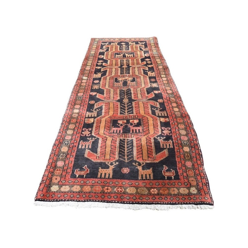 Shahbanu Rugs Red Vintage North West Persian With Dears Pure Wool Runner Rug (3'4" x 10'2") - 3'4" x 10'2"