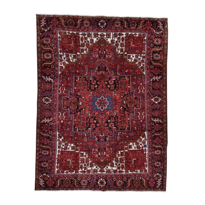 Shahbanu Rugs Semi Antique Persian Heriz Pure Wool Thick & Plush Hand-Knotted Rug (9'9" x 12'10") - 9'9" x 12'10"