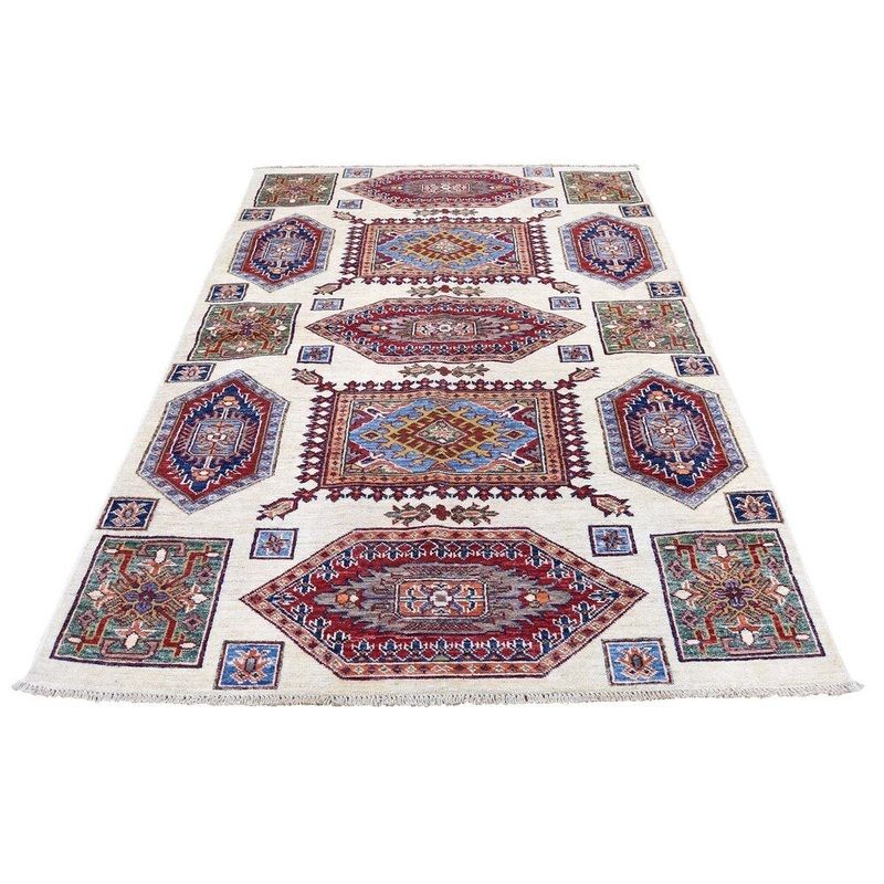 Shahbanu Rugs Super Kazak Pure Wool Geometric Design Hand-Knotted Oriental Rug (4'1" x 6'1") - 4'1" x 6'1"