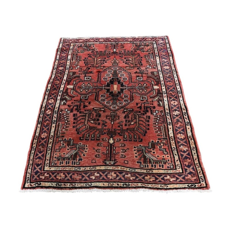 Shahbanu Rugs Vintage Bohemian Red Persian Lilahan Pure Wool Hand-Knotted Rug (3'7" x 5'0") - 3'7" x 5'0"