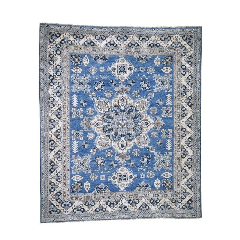 Shahbanu Rugs Vintage Look Kazak Denim Blue Pure Wool Hand-Knotted Oriental Rug (8'0" x 9'8") - 8'0" x 9'8"