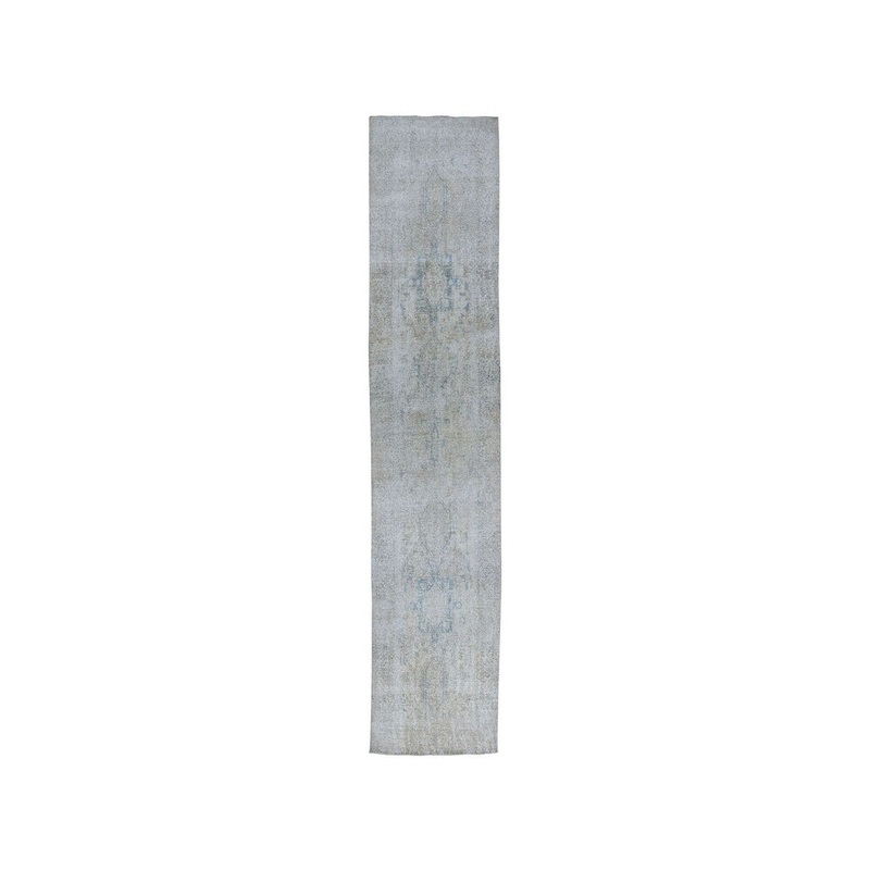 Shahbanu Rugs Vintage White Wash Tabriz Worn Wool Runner Hand-Knotted Oriental Rug (3'5" x 13'10") - 3'5" x 13'10"