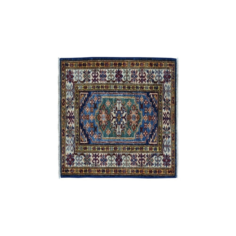 Shahbanu Rugs Blue Super Kazak Pure Wool Geometric Design Hand-Knotted Oriental Rug (2'0" x 2'11") - 2'0" x 2'11"