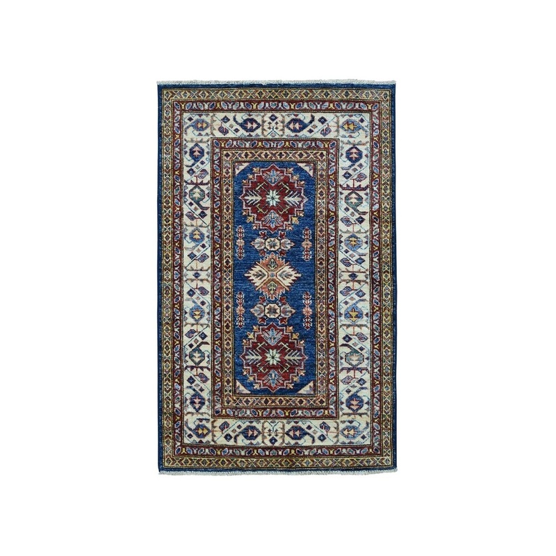 Shahbanu Rugs Blue Super Kazak Pure Wool Geometric Design Hand-Knotted Oriental Rug (2'9" x 4'2") - 2'9" x 4'2"