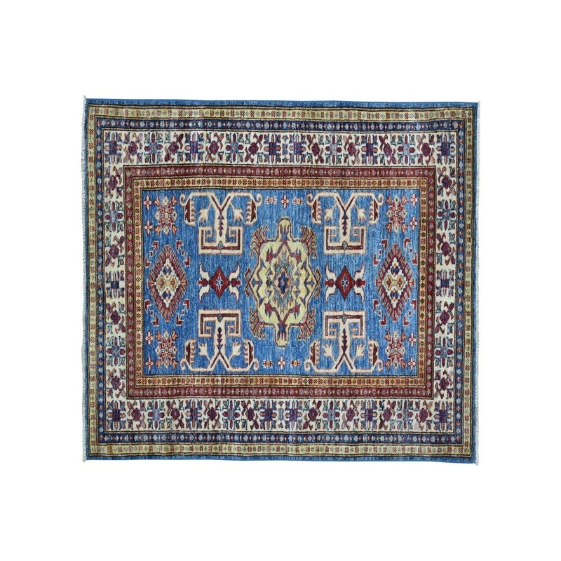 Shahbanu Rugs Blue Super Kazak Pure Wool Geometric Design Hand-Knotted Oriental Rug (3'3" x 5'1") - 3'3" x 5'1"