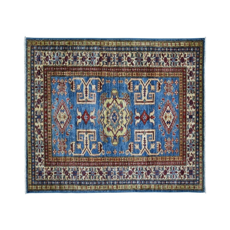 Shahbanu Rugs Blue Super Kazak Pure Wool Geometric Design Hand-Knotted Oriental Rug (3'4" x 5'3") - 3'4" x 5'3"