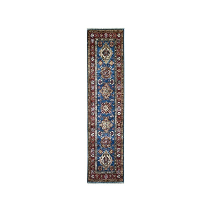 Shahbanu Rugs Blue Super Kazak Pure Wool Geometric Design Hand-Knotted Runner Rug (1'10" x 5'10") - 1'10" x 5'10"