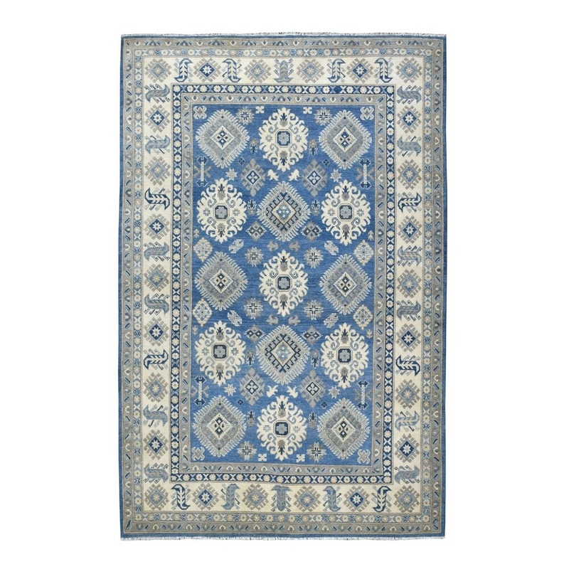 Shahbanu Rugs Blue Vintage Look Kazak Geometric Design Pure Wool Hand Knotted Oriental Rug (6'2" x 8'10") - 6'2" x 8'10"