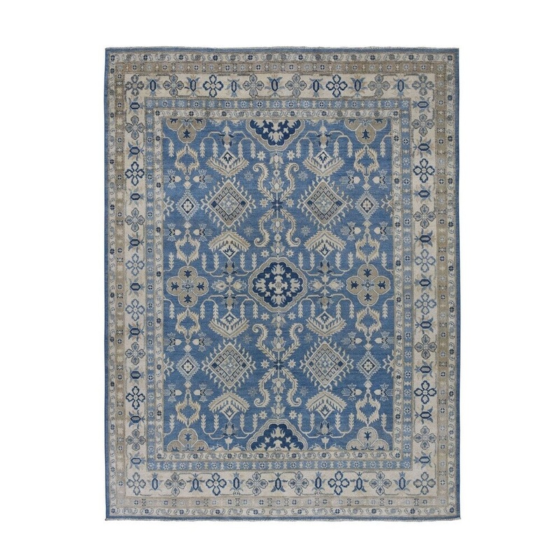 Shahbanu Rugs Blue Vintage Look Kazak Geometric Design Pure Wool Hand-Knotted Rug (8'0" x 9'7") - 8'0" x 9'7"