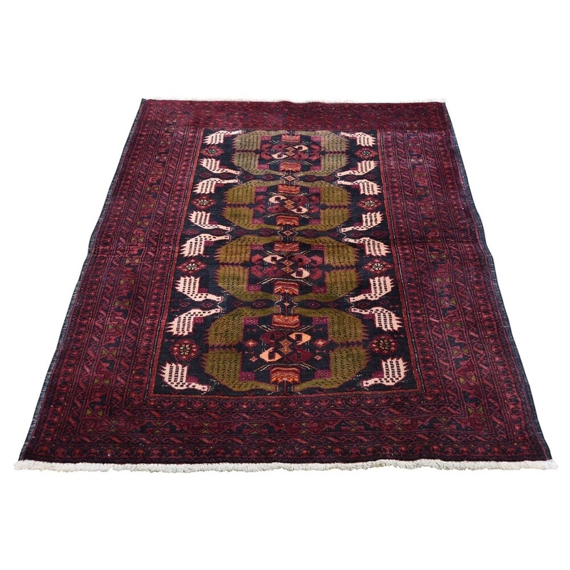 Shahbanu Rugs Burgundy Vintage Persian Baluch Pure Wool hand-Knotted Oriental Rug (3'5" x 4'6") - 3'5" x 4'6"