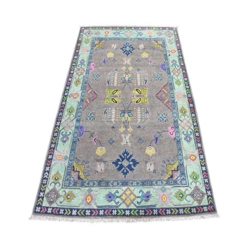 Shahbanu Rugs Colorful Gray Fusion Kazak Pure Wool Geometric Design Hand Knotted Oriental Rug (4'0" x 6'0") - 4'0" x 6'0"