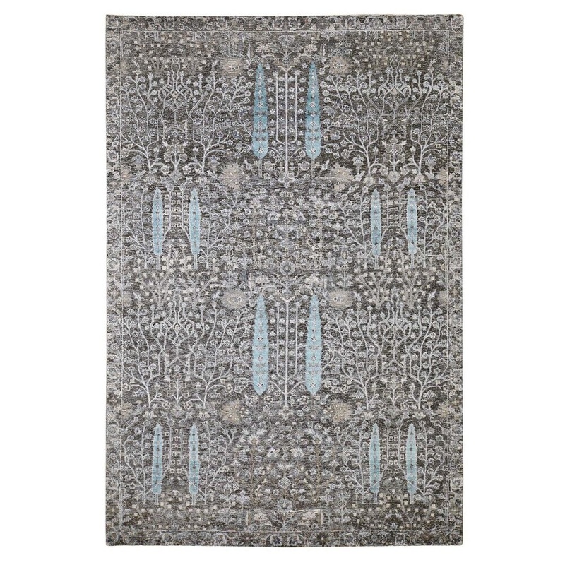 Shahbanu Rugs Hand Knotted Cypress Tree Design Silk with Textured Wool Oriental Rug (6'0" x 9'0") - 6'0" x 9'0"