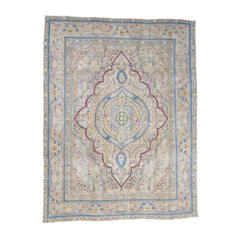 Shahbanu Rugs Hand Knotted Pure Wool Painted Vintage Tabriz Oriental Rug (9'2" x 11'8") - 9'2" x 11'8"