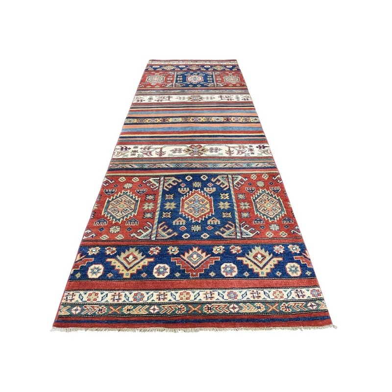 Shahbanu Rugs Hand-Knotted Pure Wool Special Kazak with Khorjin Design Runner Rug (2'8" x 9'8") - 2'8" x 9'8"