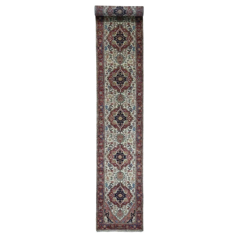 Shahbanu Rugs Hand-Knotted Pure Wool XL Runner Antiqued Heriz Re-creation Rug (2'6" x 16'0") - 2'6" x 16'0"