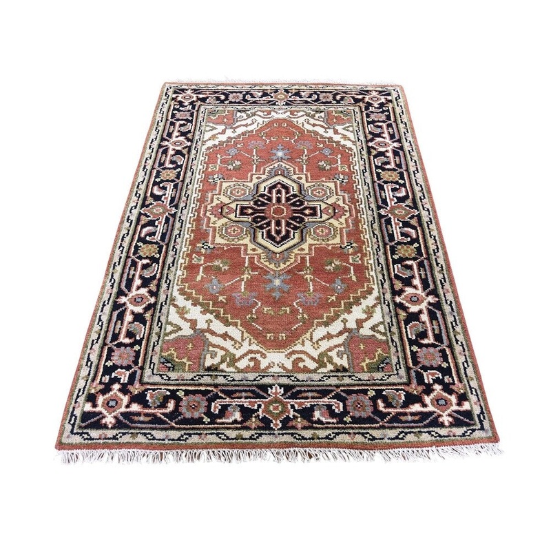 Shahbanu Rugs Orange Indo Heriz Pure Wool Hand-Knotted Oriental Rug (3'1" x 5'0") - 3'1" x 5'0"